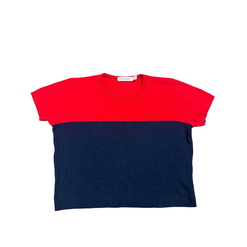 Karen Lessly Red Navy Blue Colorblock Knit Top Short Sleeve Sweater Made in USA